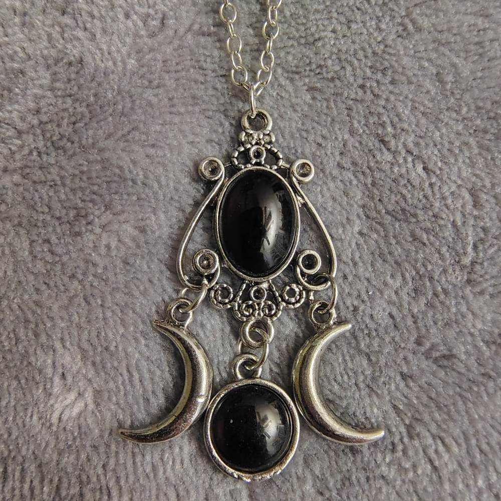 Ornate Triple Moon Phase Pendant Necklace